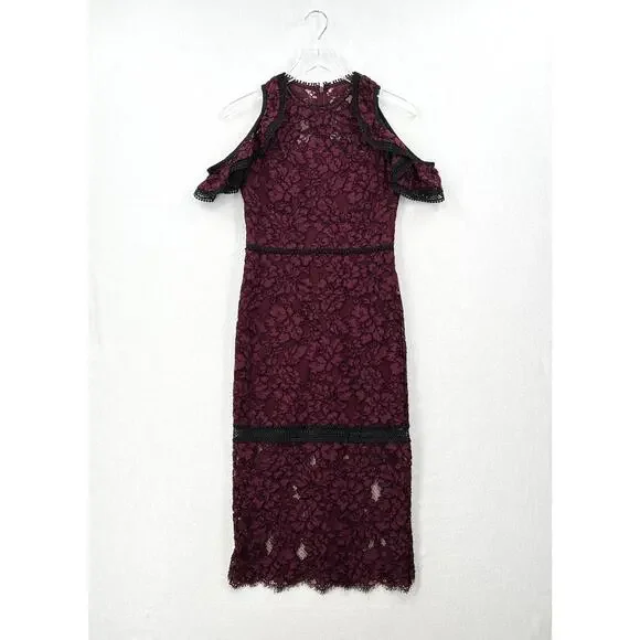 ALEXIS Evie Lace Midi Sheath Dress Womens Small Burgundy Crew Neck Cold Shoulder - Picture 5 of 16